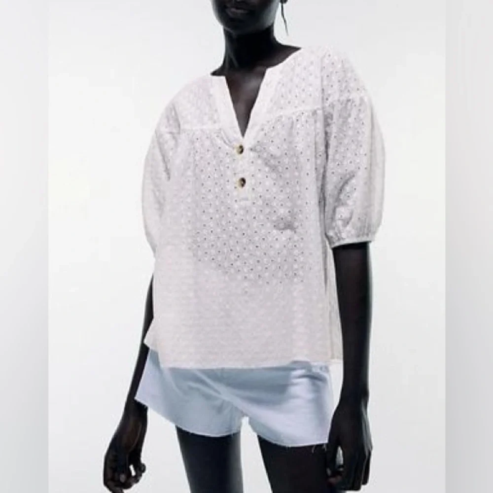 Zara Embroidered Eyelet Blouse White NWT